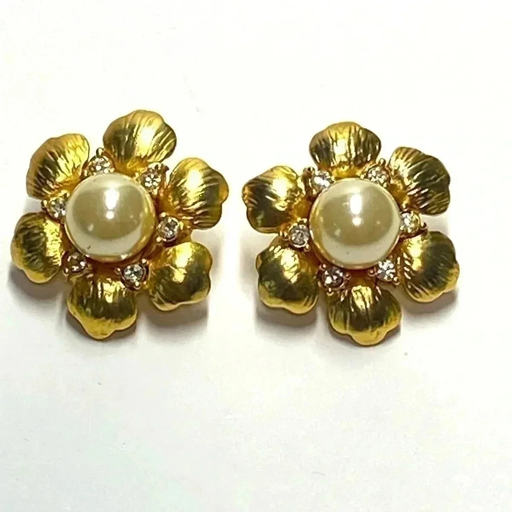 GOLD FAUX PEARL, RHINESTONE CLIP EARRINGS